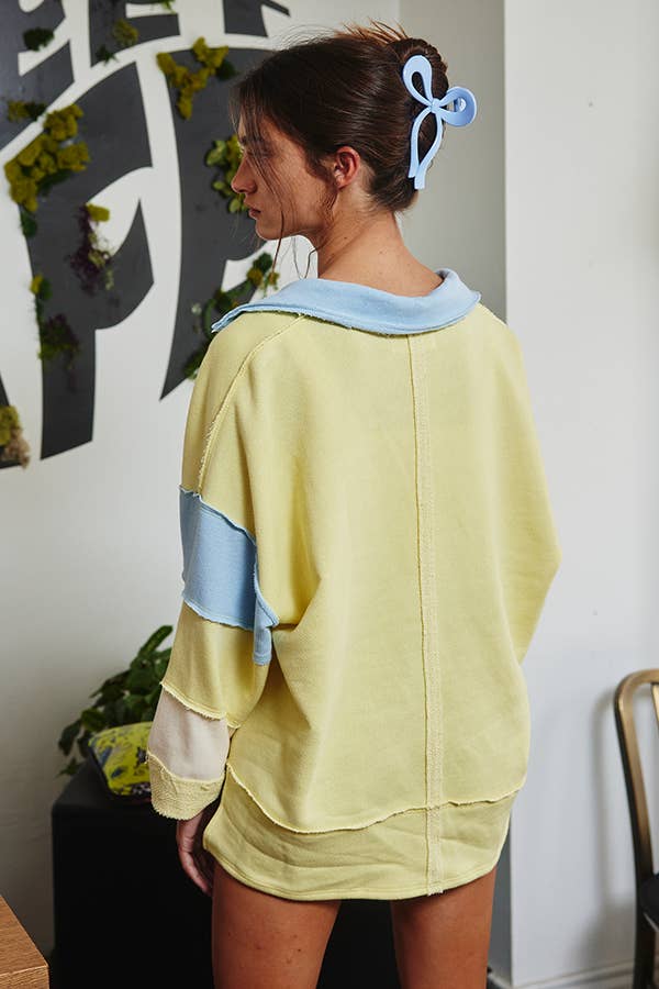BUCKETLIST - T2004E French Terry Color-block Collared Loose Fit Top: YELLOW/BABYBLUE / S-M-L (2-2-2)