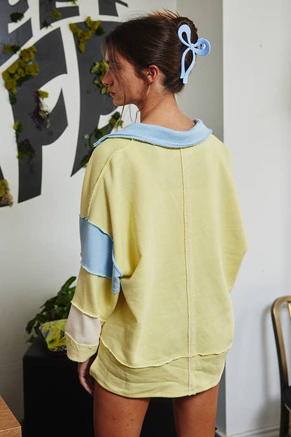 BUCKETLIST - T2004E French Terry Color-block Collared Loose Fit Top: YELLOW/BABYBLUE / S-M-L (2-2-2)