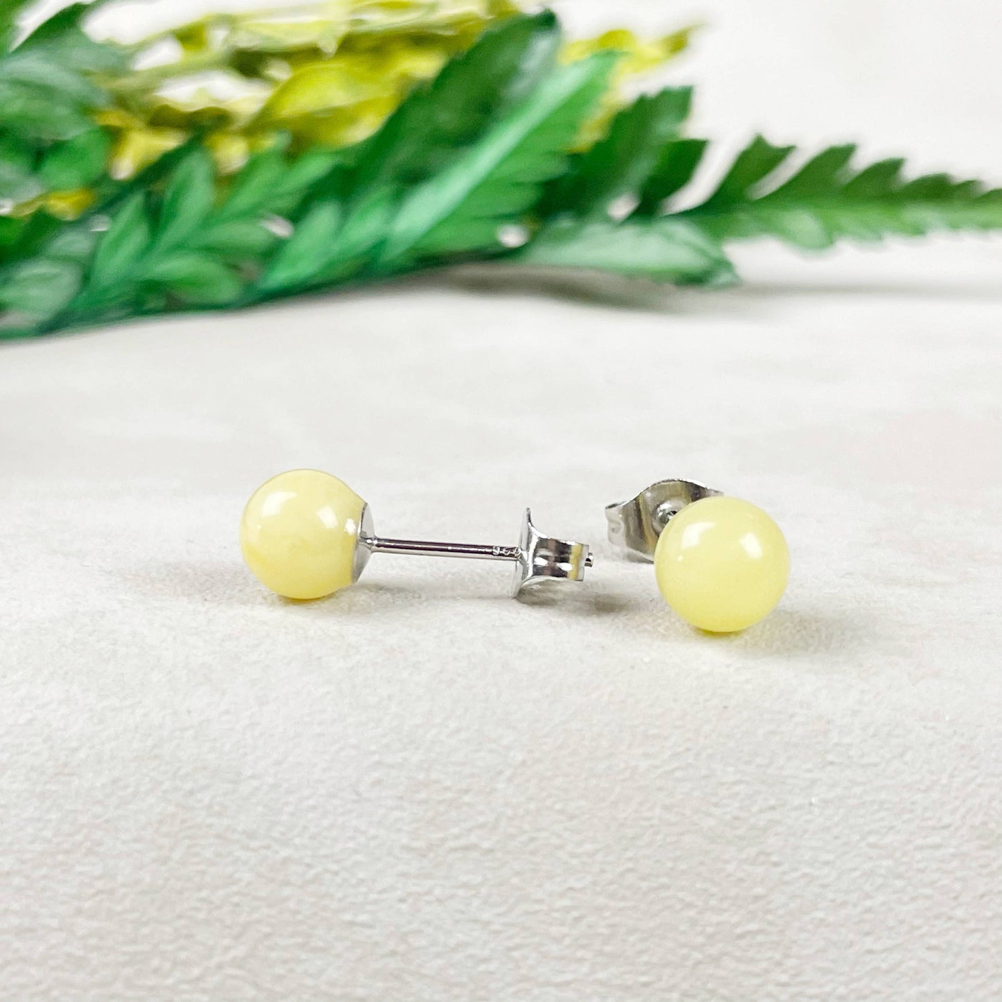 Ewelina Pas Jewelry - Silver 6mm Yellow Amber Orb Stud Earrings