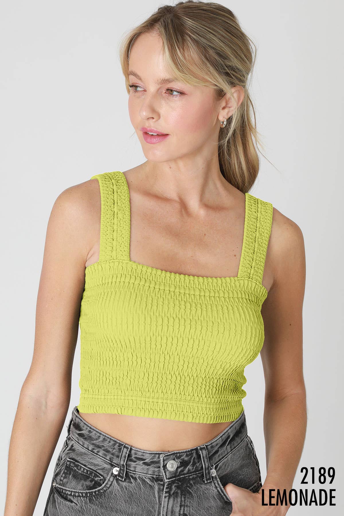NIKIBIKI - NS8255 - Shirred Square Neck Crop Top: 6 Black