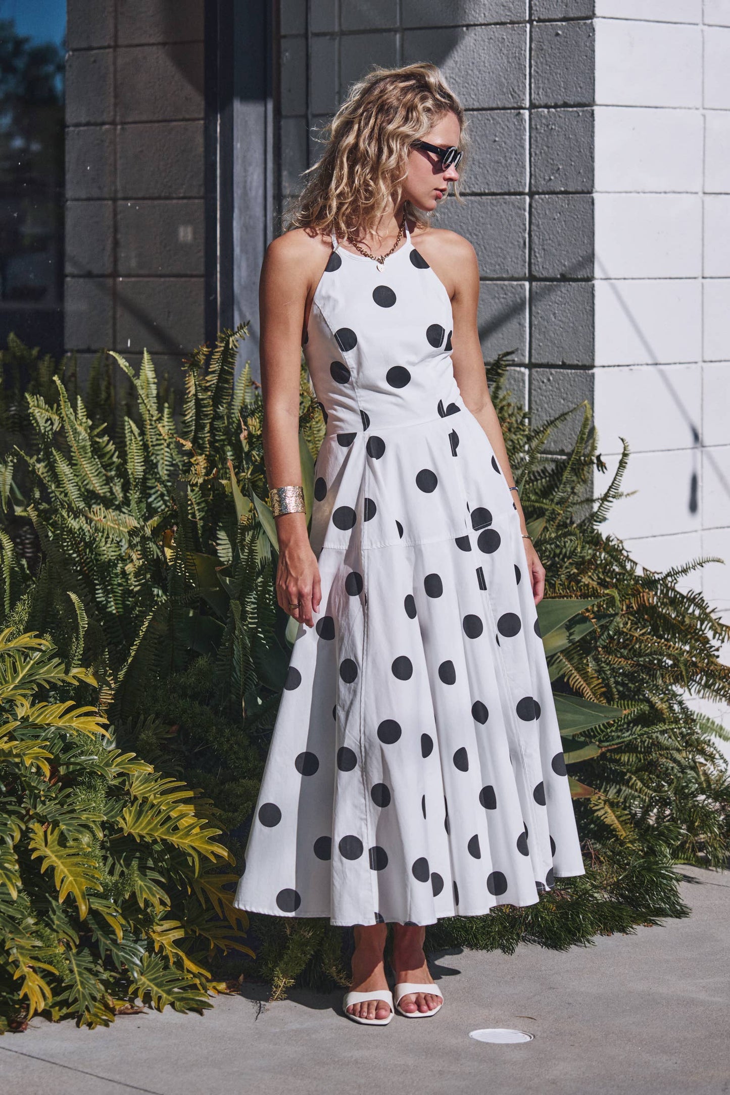 Urban Daizy - Polka Dot Halter Cotton Maxi Dress Smocked Back