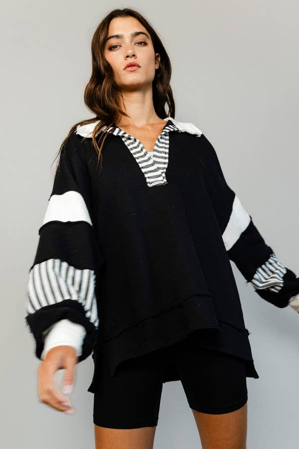 BUCKETLIST - T2004 -French Terry Knit Color-block Collared Loose Fit Top: S-M-L (2-2-2) / IVORY/PINK