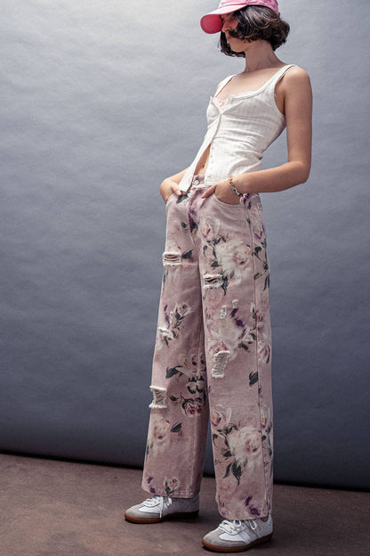 Urban Daizy - Romantic Rose Print High-Rise Denim Pants