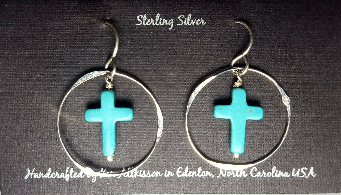 Ken’s handcrafted jewelry - Sterling Silver Earrings With Turquoise Cross