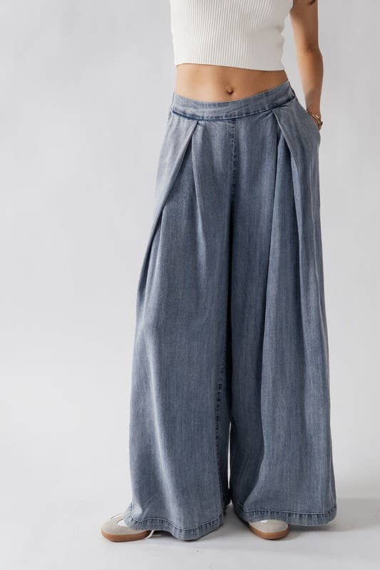 Urban Daizy - HIGH WAISTED PLEAT FRONT WIDE LEG PANTS: YELLOW / S-2/M-2/L-2