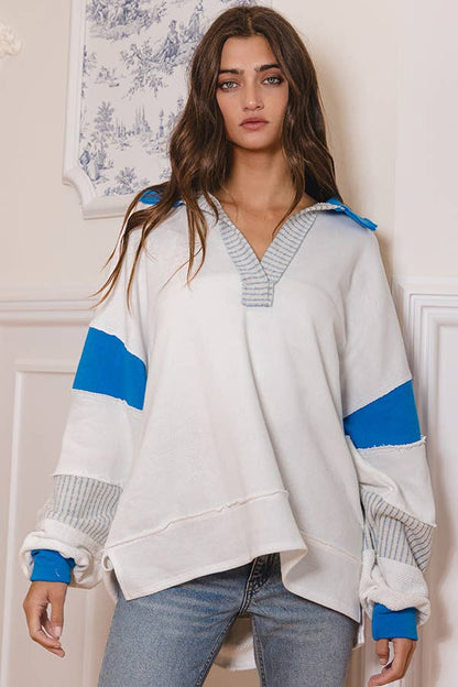 BUCKETLIST - T2004 -French Terry Knit Color-block Collared Loose Fit Top: S-M-L (2-2-2) / PINK/CREAM