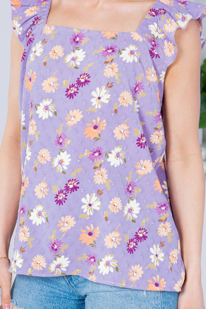 Orange Farm Clothing - Swiss Dot, Flower Print Ruffle Sleeve Top: LARGE / Pink Combo