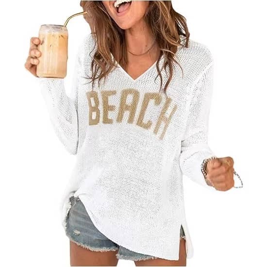 Rosa Clothing - "Beach" Letter Print V-Neck Hollow Knit Blouse