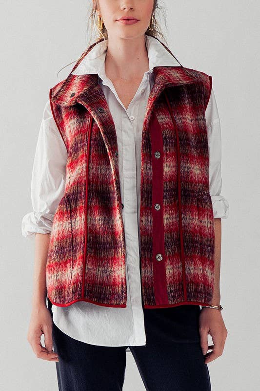 VINTAGE PLAID OVERSIZED WOOL VEST: RUST/TAUPE / S-2/M-2/L-2