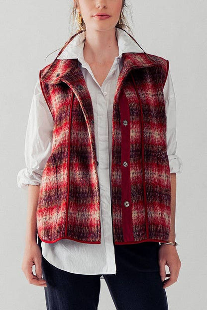 VINTAGE PLAID OVERSIZED WOOL VEST: RUST/TAUPE / S-2/M-2/L-2