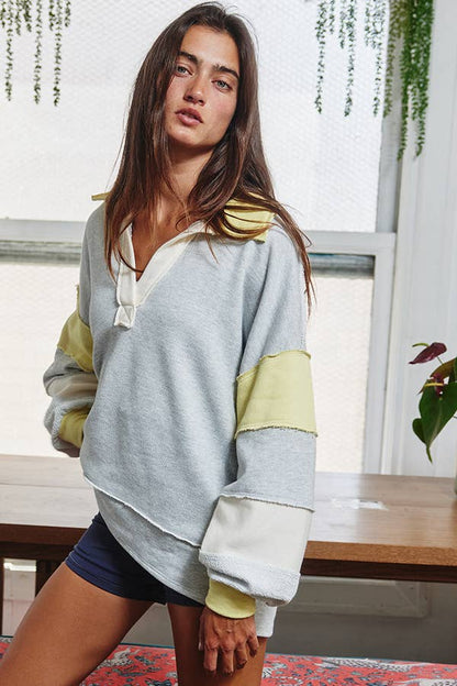 BUCKETLIST - T2004E French Terry Color-block Collared Loose Fit Top: YELLOW/BABYBLUE / S-M-L (2-2-2)