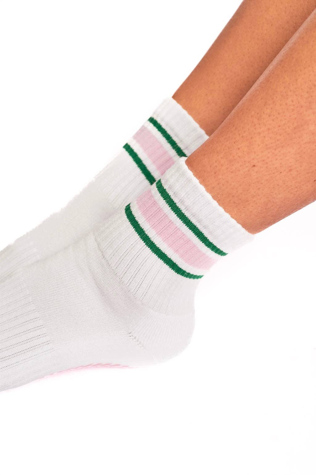 Grounded Grip Socks - White Crew Striped Grip Socks for Pilates, Barre, Lagree
