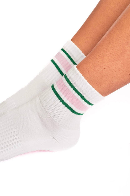 Grounded Grip Socks - White Crew Striped Grip Socks for Pilates, Barre, Lagree