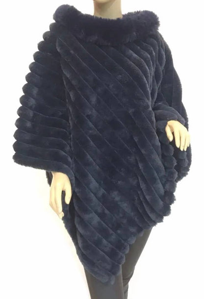 LOOWIE - 068 Luxurious Green Faux Fur Ribbed Poncho with Plush Collar: Black