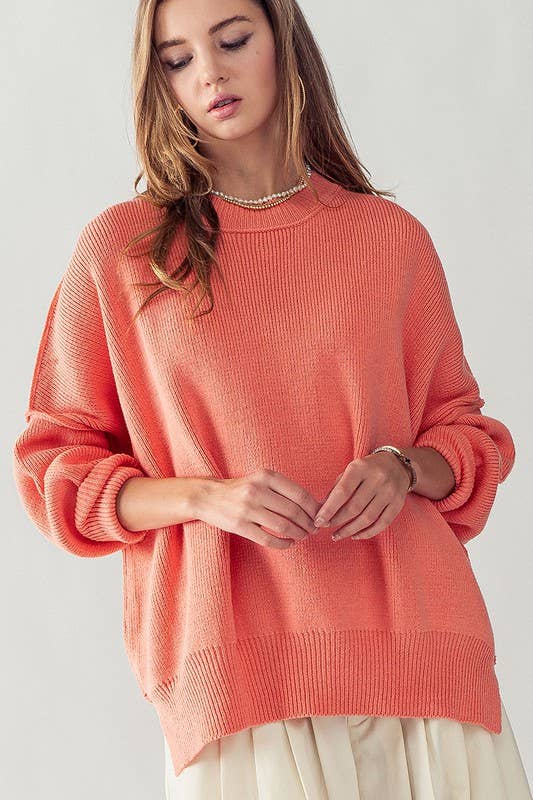 OVERSIZED SIDE SLIT CREW NECK COZY SWEATER: PINEAPPLE / S-2/M-2/L-2