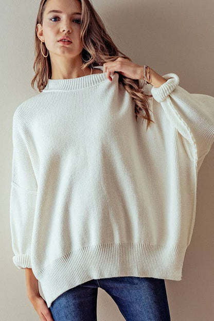 OVERSIZED SIDE SLIT CREW NECK COZY SWEATER: GREY / S-2/M-2/L-2