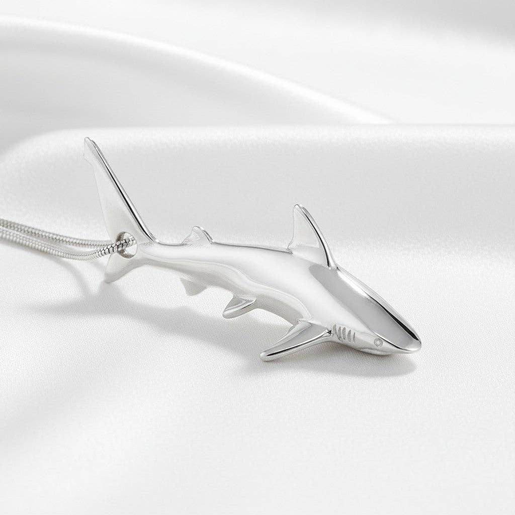 Big Blue by Roland St John - Shark Necklace for Women Sterling Silver- Grey Reef Shark Necklace for Women, Sterling Silver Reef Shark Necklace, Shark Jewelry, Shark Pendant