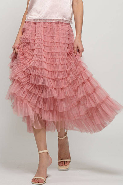 Urban Daizy - Tiered Tulle Midi Skirt with Romantic Ruffles