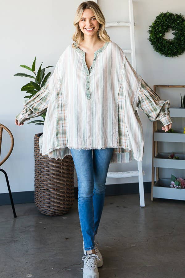 Oli&Hali - MINERAL WASHED FABRIC MIXED HENREY TOP - JT0013: BLUE COMBO / OS