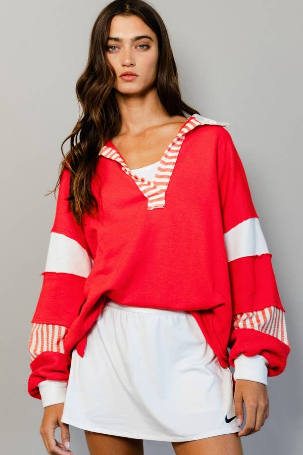 BUCKETLIST - T2004 -French Terry Knit Color-block Collared Loose Fit Top: S-M-L (2-2-2) / IVORY/NAVY