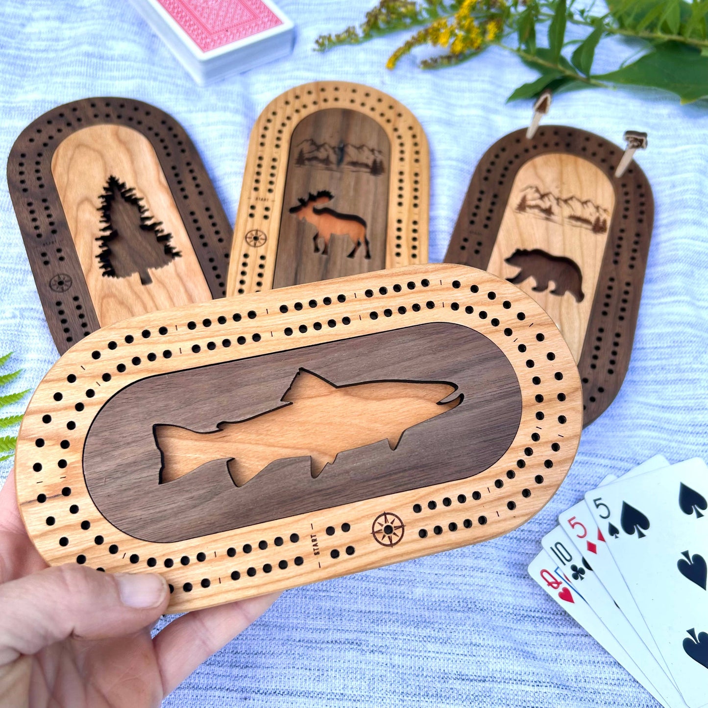 Cast & Carve - Wildlife Mini Travel Cribbage Board & Custom Pegs Set: Whale Tail / Select best pegs for us