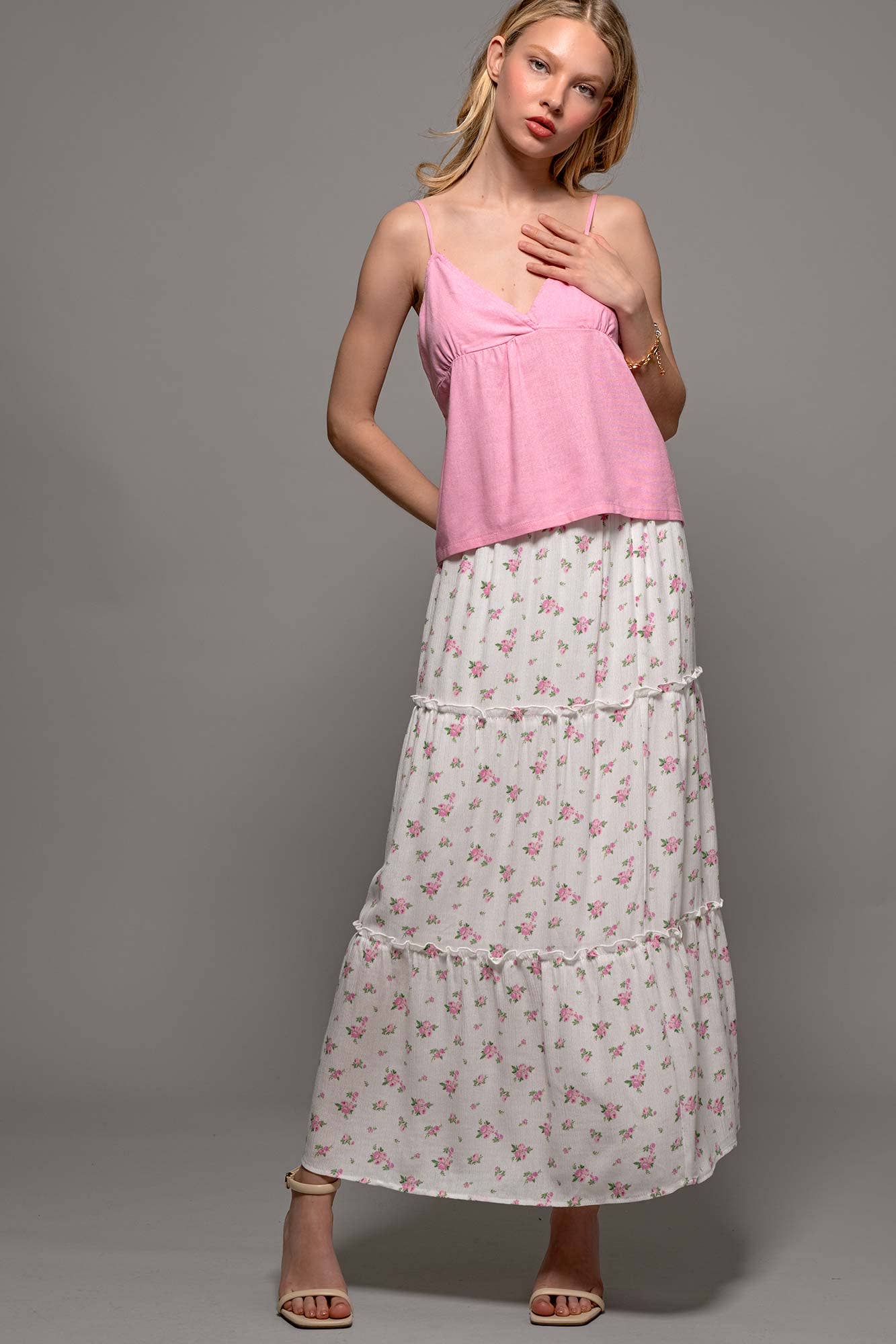 Urban Daizy - Rose Print Triple-Tier Ruffle Linen Blend Skirt: PINK / S-2/M-2/L-2