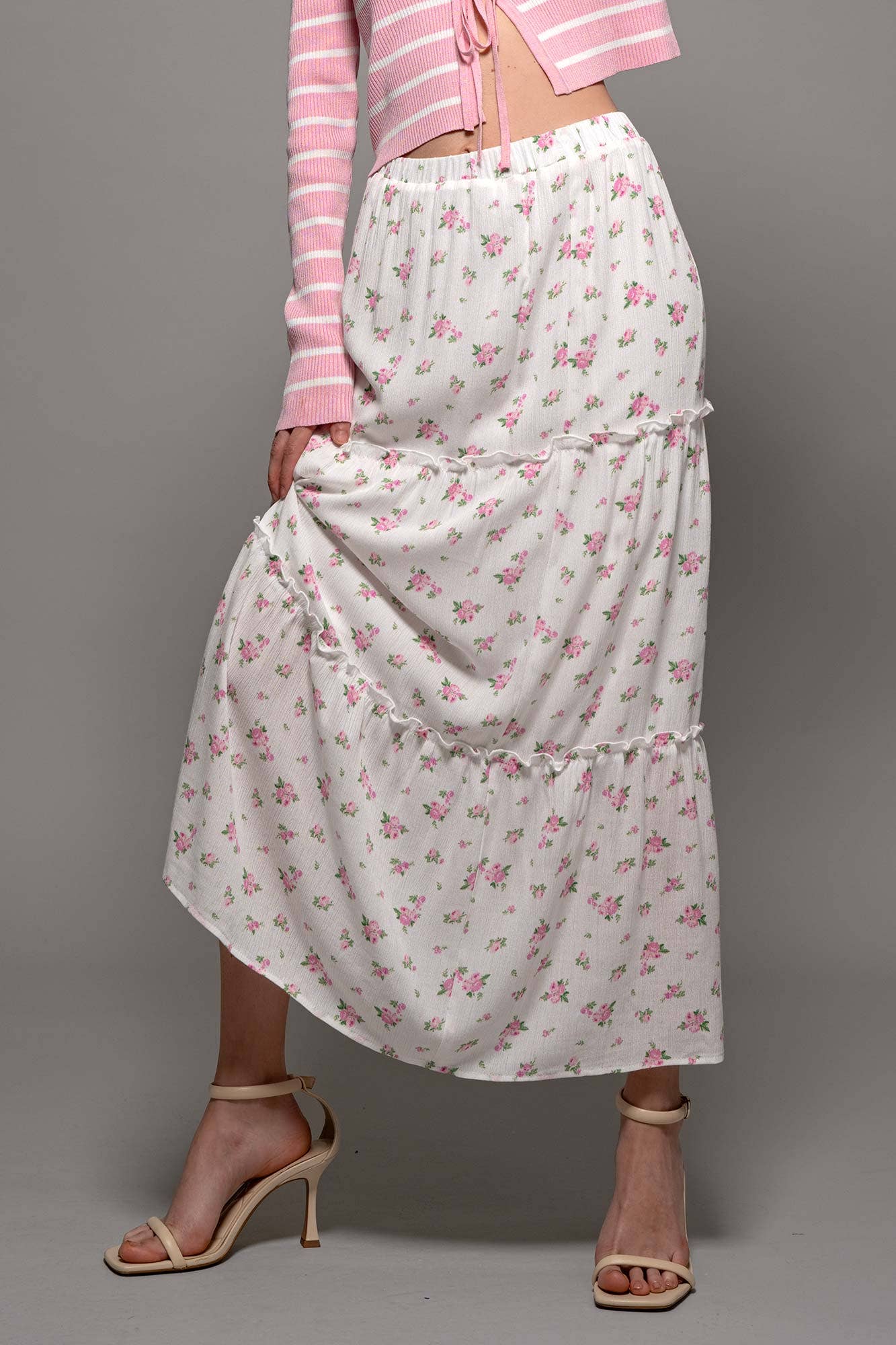 Urban Daizy - Rose Print Triple-Tier Ruffle Linen Blend Skirt: PINK / S-2/M-2/L-2