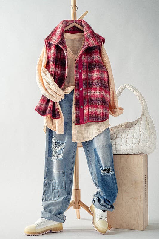 VINTAGE PLAID OVERSIZED WOOL VEST: RUST/TAUPE / S-2/M-2/L-2