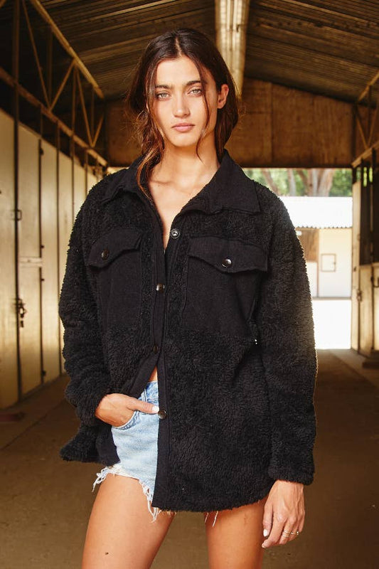 BUCKETLIST - T1861 Oversized Fuzzy Shacket with Big Chest Pockets