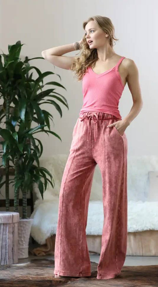 BJ's Closets - Burgundy Acid Wash Wide Leg Pants with Pockets