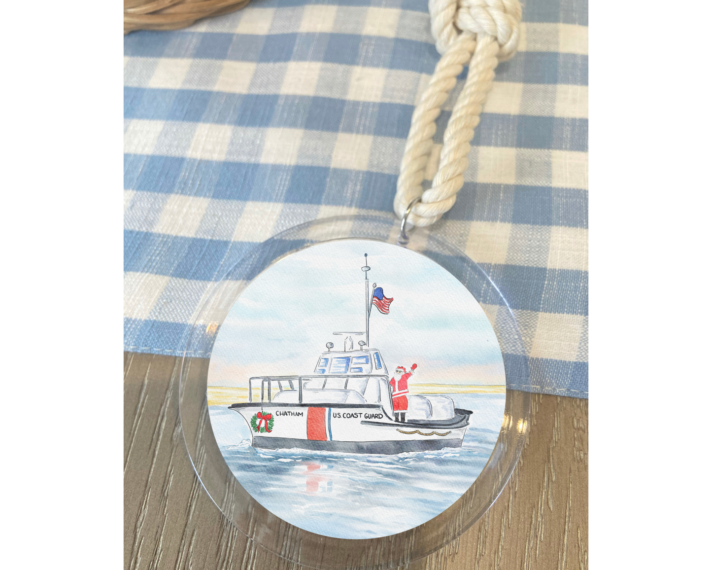 WonderfullyWrittenCo - Santa Cape Cod Coast Guard Boat Watercolor Christmas Ornamen