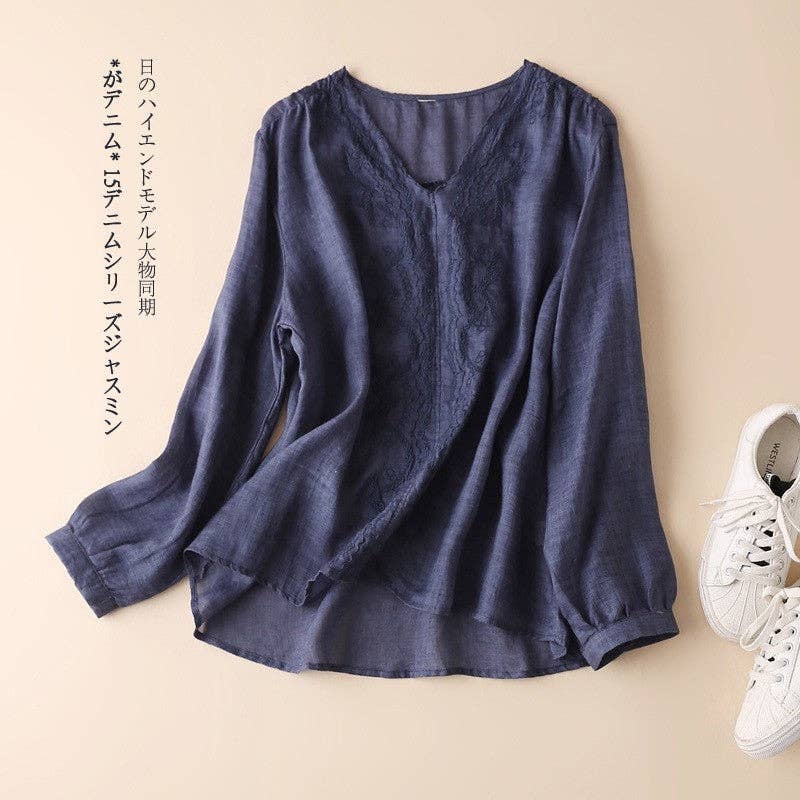 OriginHey - Women's Pure Cotton Embroidered T-Shirt With V-Neck