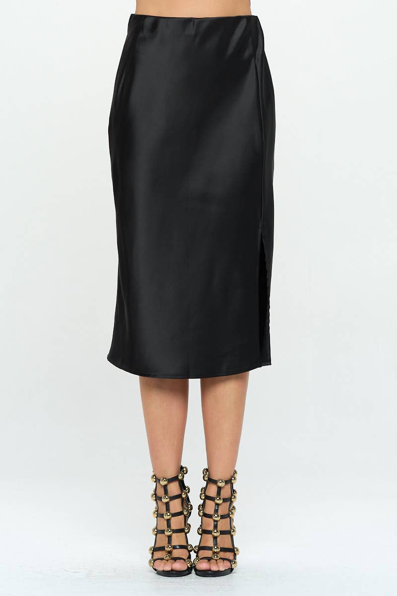 Renee C. - Made in USA Solid Satin Midi Skirt with Slit