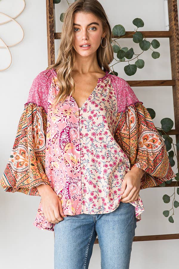 Oli&Hali - BUTTON FRONT PRINT MIXED BLOUSE - JT0191: PINK / L