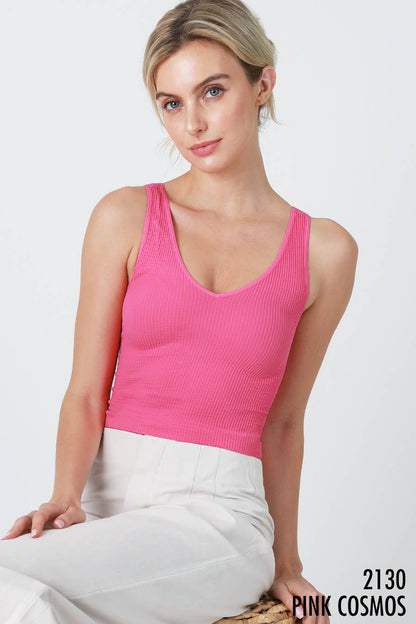 NIKIBIKI - NS7575 - V Neck Ribbed Crop Top: 2130 Pink Cosmos