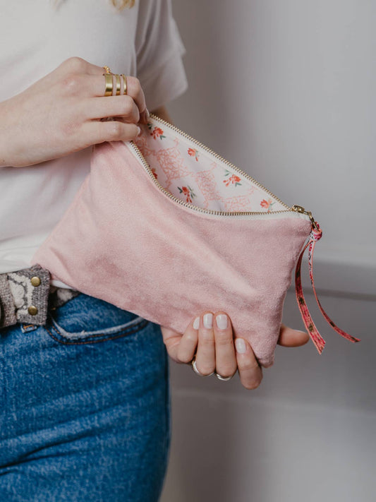Ash & Rose - Pink Fleur Vegan Suede Clutch Mini Purse Floral Ribbon Bag