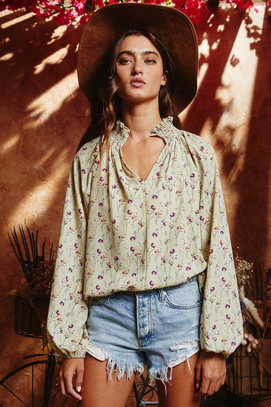 BUCKETLIST - T1048J Smoked Stand Collar Floral Print Blouse