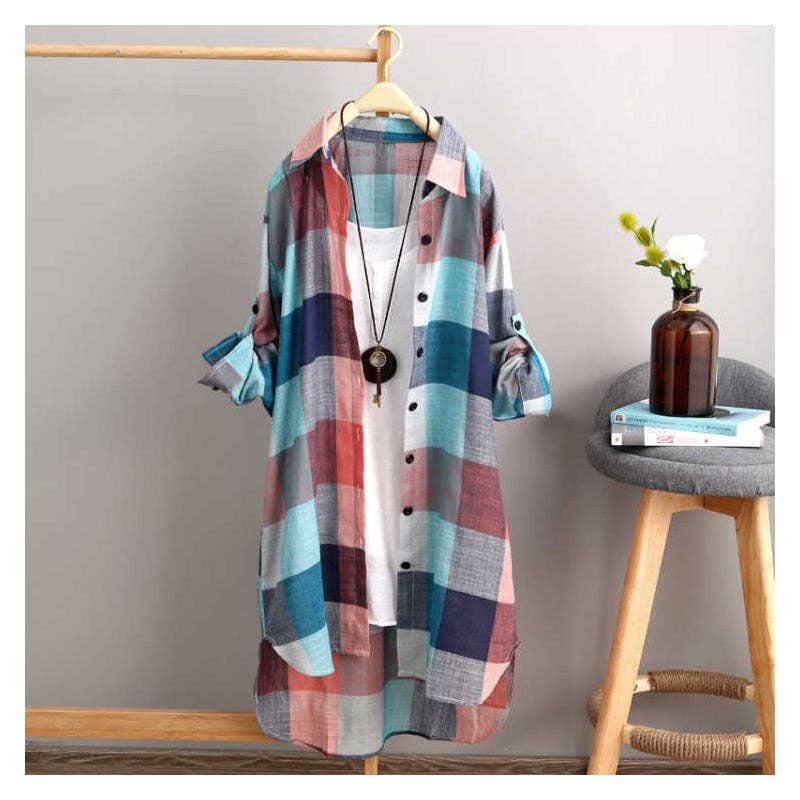 OriginHey - Long Size Women's Loose Slim Fashion Plaid Blouse