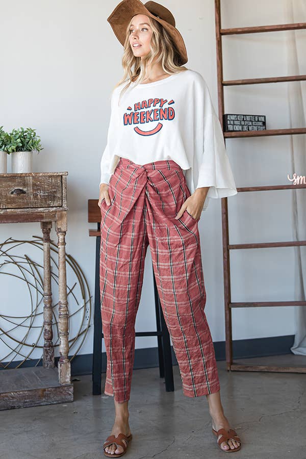BUCKETLIST - P5094A Plaid Print Twist Waist Pants