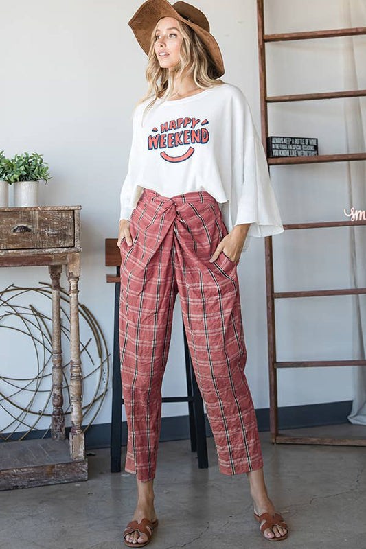 BUCKETLIST - P5094A Plaid Print Twist Waist Pants