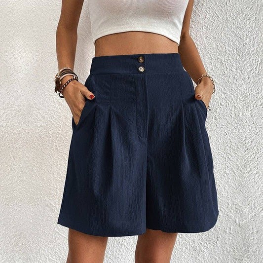 OriginHey - Solid Color High Waisted Wide Leg Casual Shorts