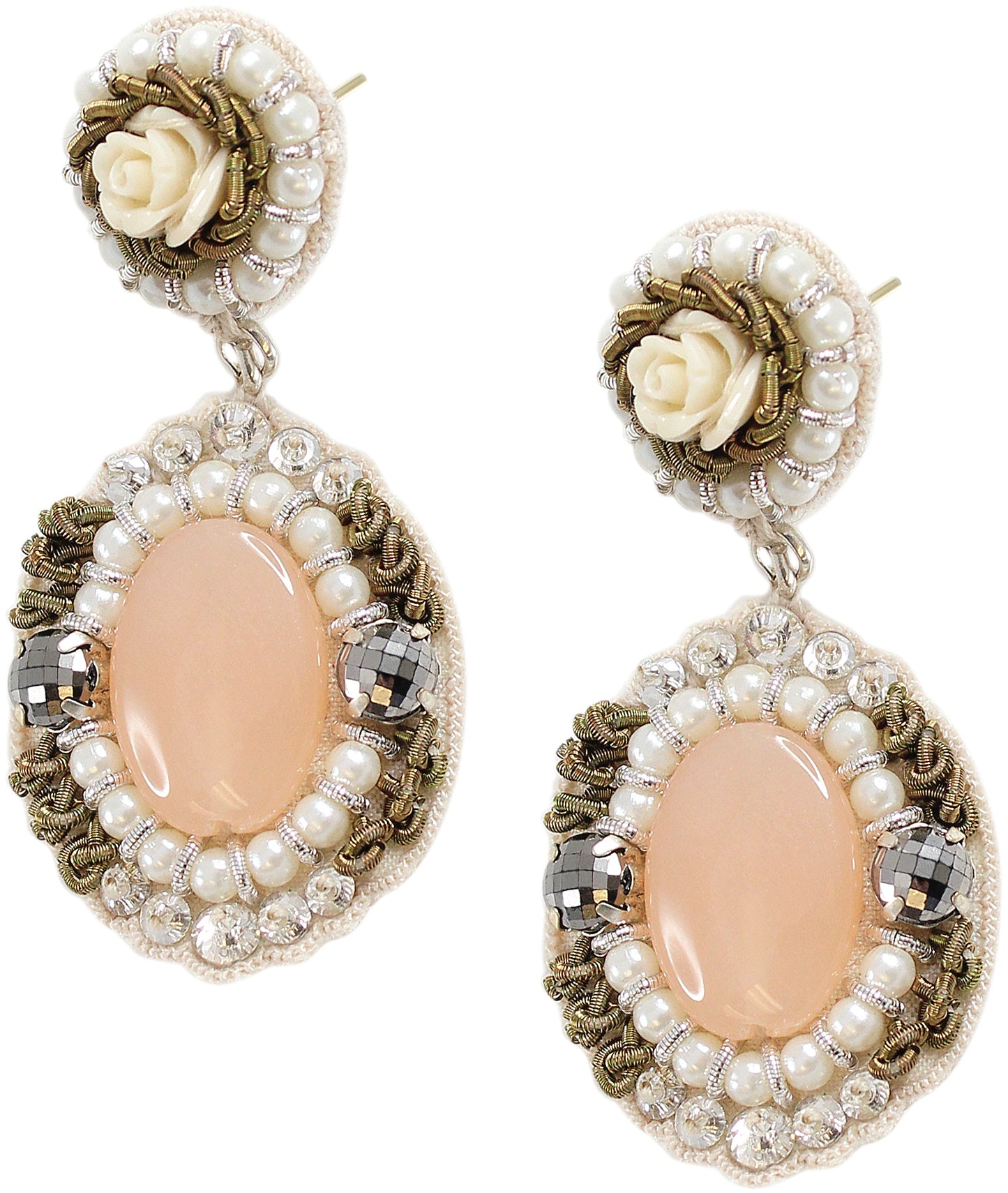 Vintage Ivory Rose Earrings with Pink Center