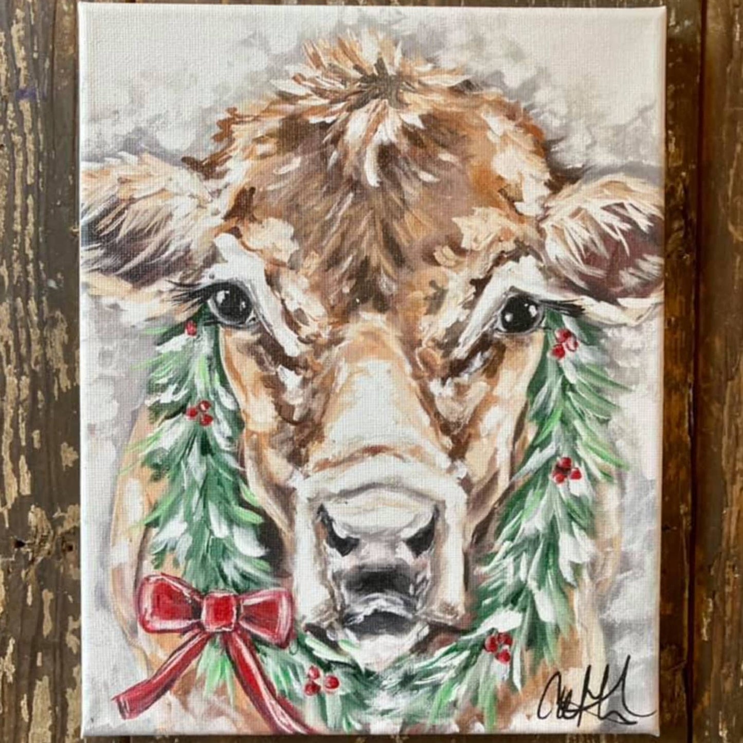 Rustic Nester - Christmas Cow And Wreath, Farmhouse Art Print Wall Decor