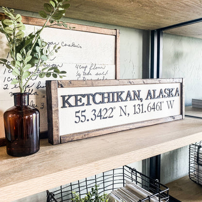 Dakota + Pine Design Co. - City, State With Coordinates Wood Laser 3D Sign: Classic Gray