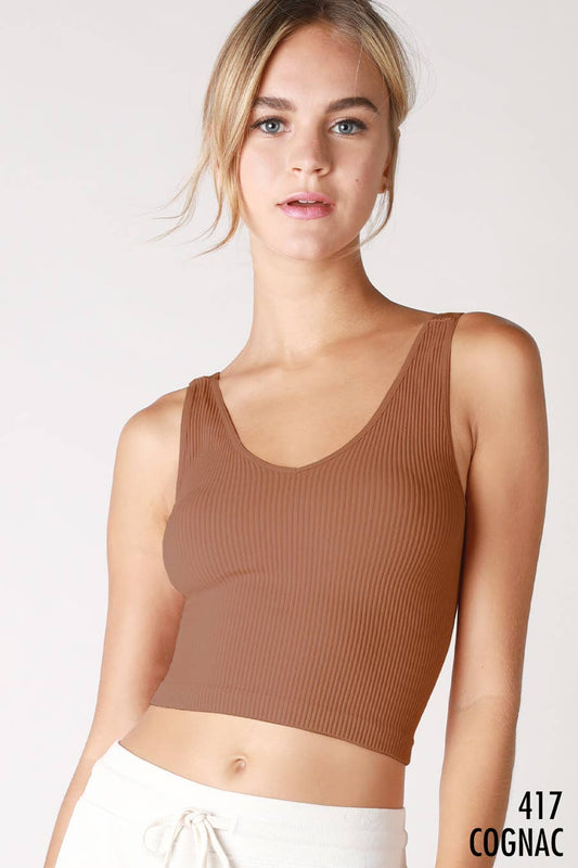 NIKIBIKI - NS7575 - V Neck Ribbed Crop Top: 417 Cognac