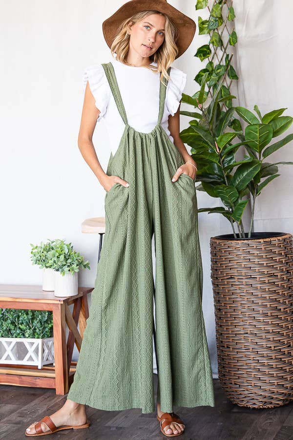 BUCKETLIST - R5104B Wide Leg Solid Stretched Eyelet Lace  Suspender Pants