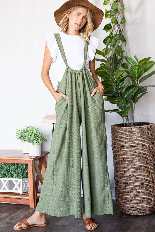BUCKETLIST - R5104B Wide Leg Solid Stretched Eyelet Lace  Suspender Pants