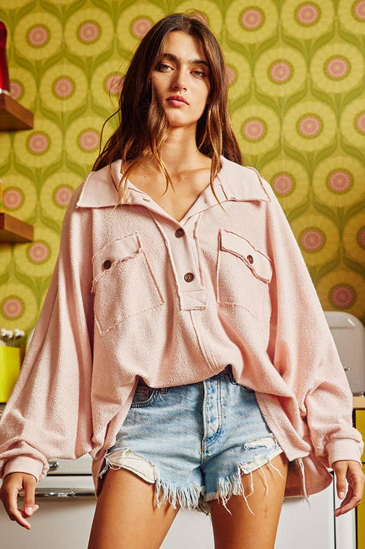 BUCKETLIST - T1578 French Terry Knit Collared Loose Fit Top