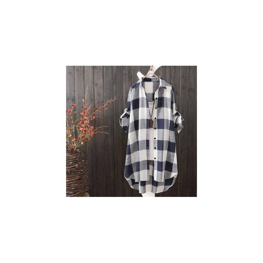 OriginHey - Long Size Women's Loose Slim Fashion Plaid Blouse