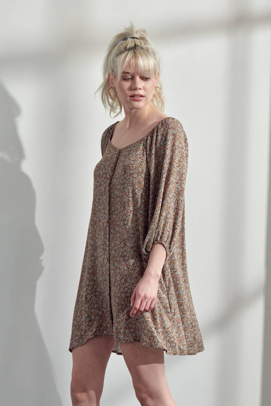 JADE BY JANE - FALL FLORAL PRINT BUTTON FRONT DRESS (Plus size available)